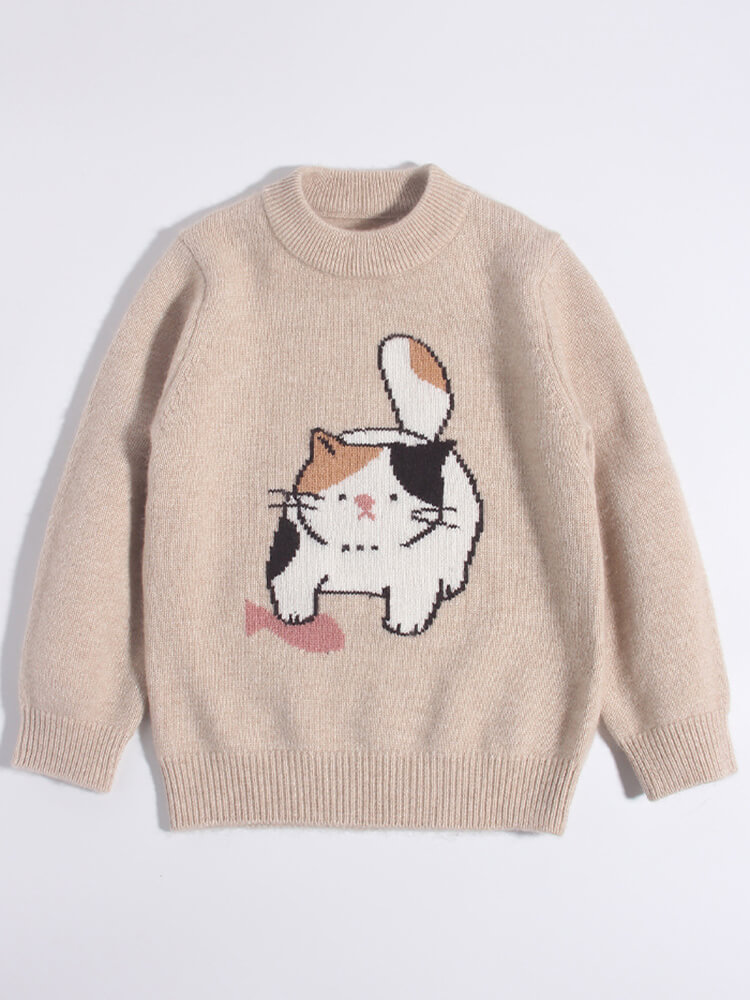Kids Funny Cartoon Cat and Fish Beige Cashmere Crewneck Sweater